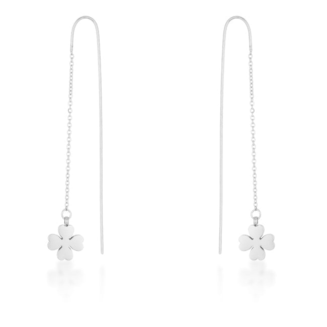 Precious Stars Stainless Steel Clover 2.5" Threader Earrings