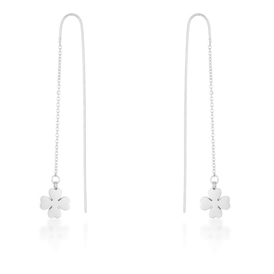 Precious Stars Stainless Steel Clover 2.5" Threader Earrings