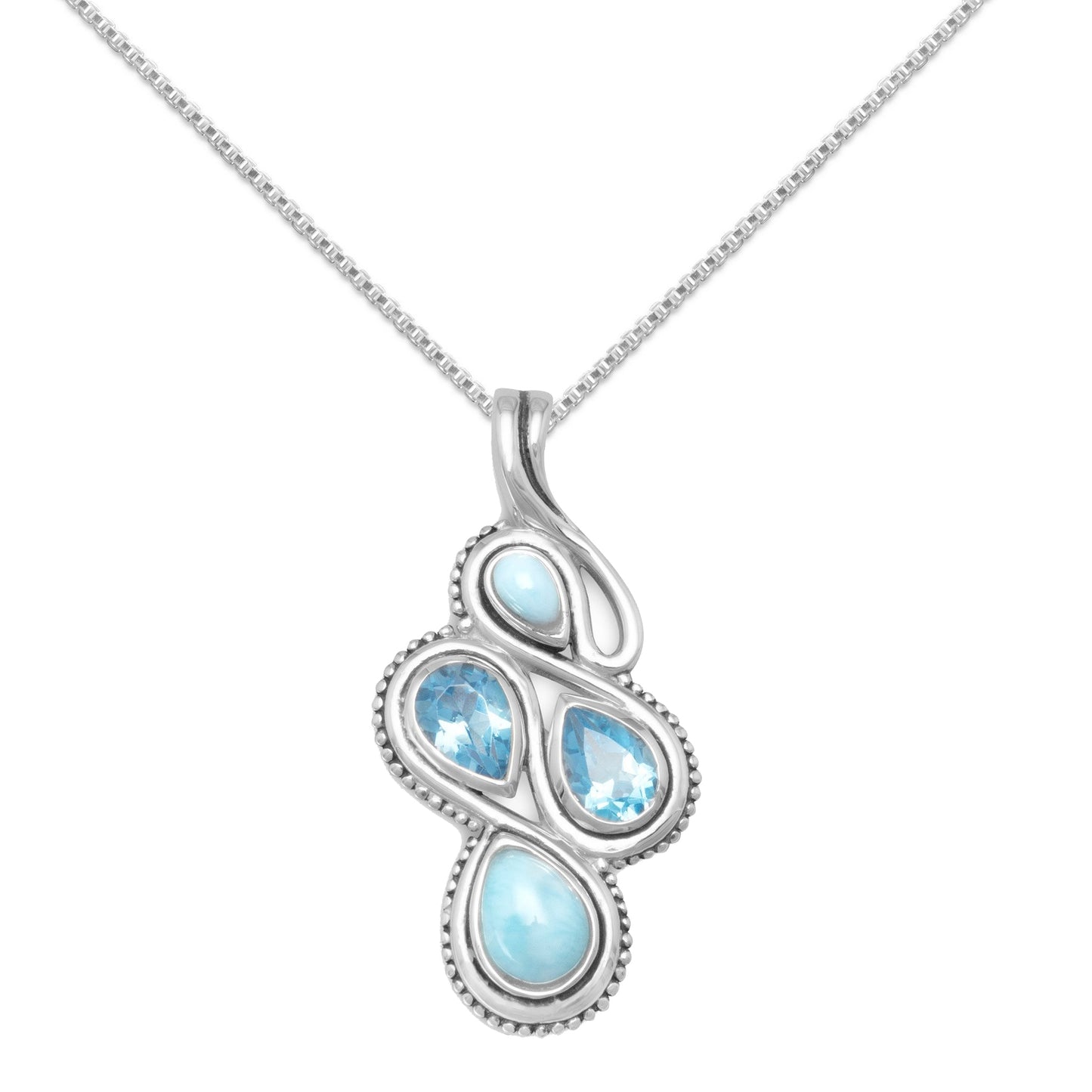 Oxidized Sterling Silver Blue Topaz and Larimar Figure 8 Slide Pendant with 1.5mm Box Chain