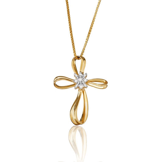Yellow Gold-Plated Sterling Silver 0.10 ct TDW White Diamond Cross Necklace