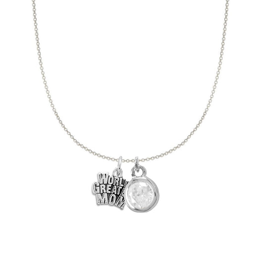 Sterling Silver World's Greatest Mom and April Birsthstone Charm Necklace