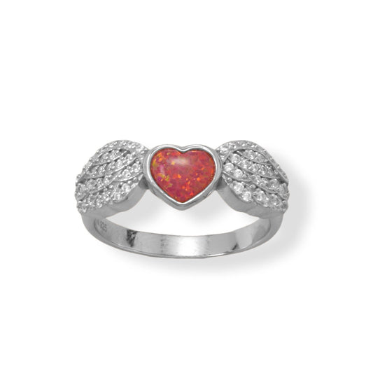 Sterling Silver Red Opal Heart and Cubic Zirconia Wing Ring