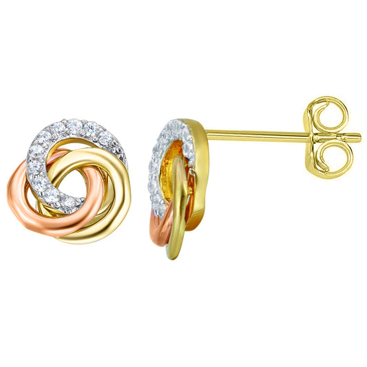 14k Tri-tone Gold Cubic Zirconia 3-Ring Knot Earring Studs