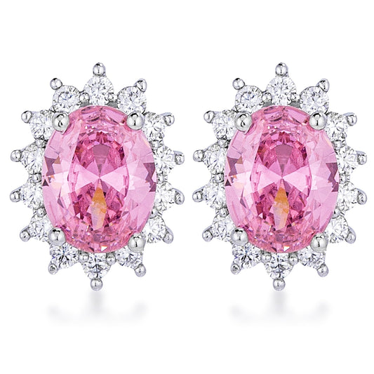 Precious Stars Silvertone Pink Cubic Zirconia Oval Royal Earring Studs