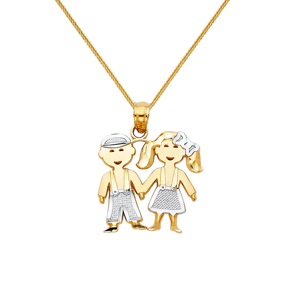 14k Two-tone Gold Boy and Girl Mother's Day Pendant with 0.8mm Square Wheat Chain