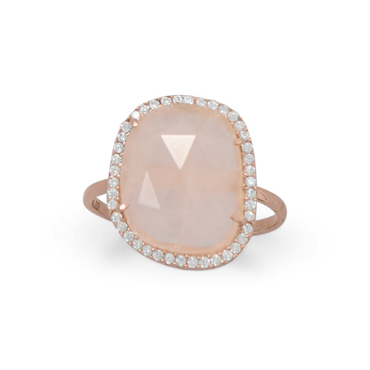14k Rose Goldplated Silver Rose Quartz and Cubic Zirconia Halo Ring