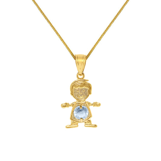 14k Yellow Gold Round-cut Cubic Zirconia March Birthstone Boy/Son Pendant with Square Wheat Chain