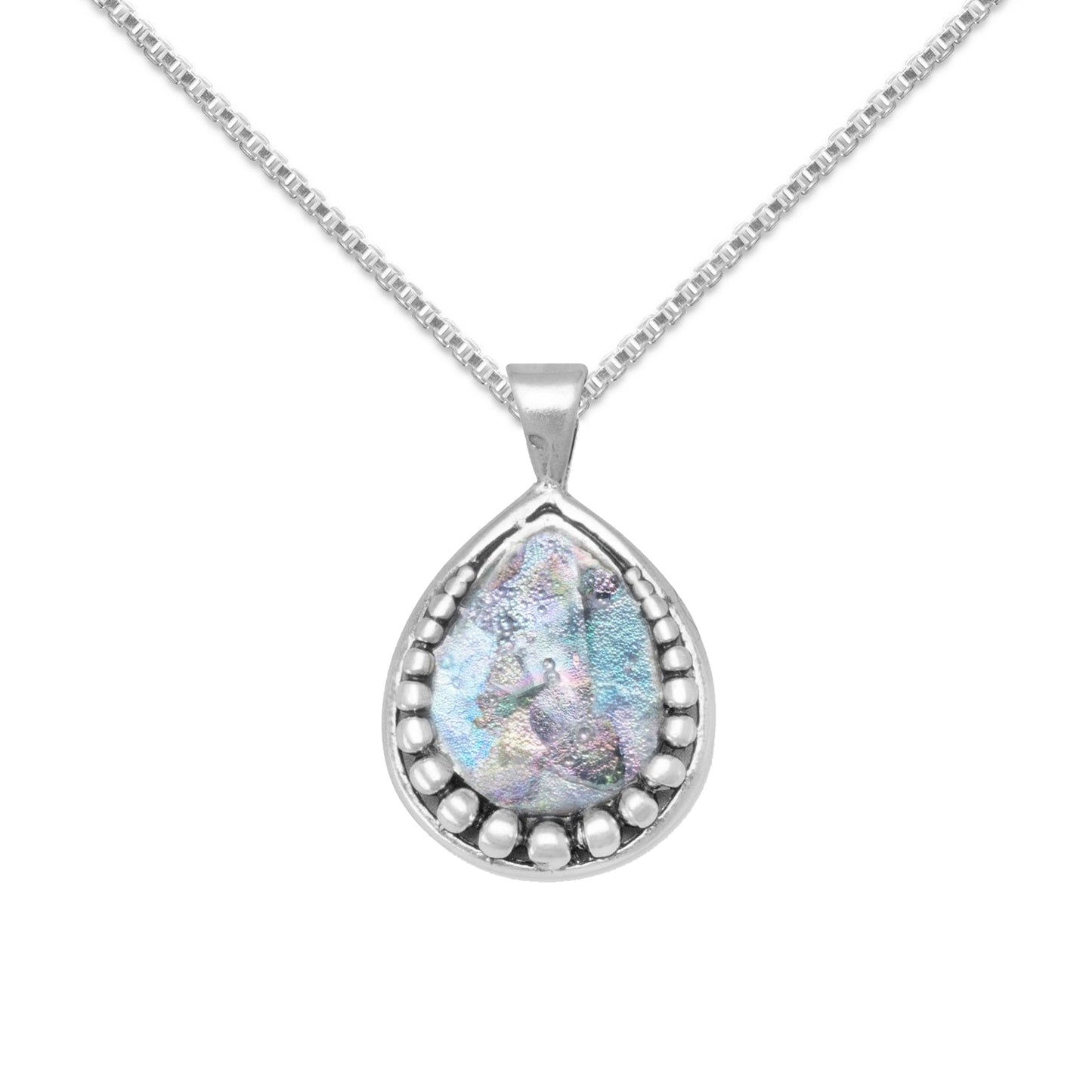 Precious Stars Jewelry Sterling Silver Pear Shape Roman Glass Pendant with 1.5mm Box Chain