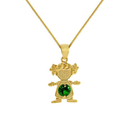 14k Yellow Gold Round-cut Cubic Zirconia May Birthstone Girl/Daughter Pendant with Square Wheat Chain