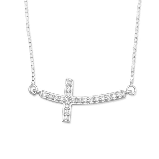 Sterling Silver Sideways Cross Diamond Accent Pendant Necklace