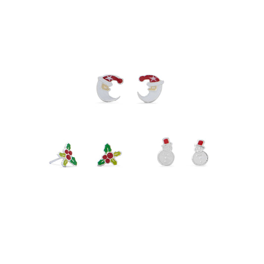 Sterling Silver Santa, Holly and Snowman Earring Set