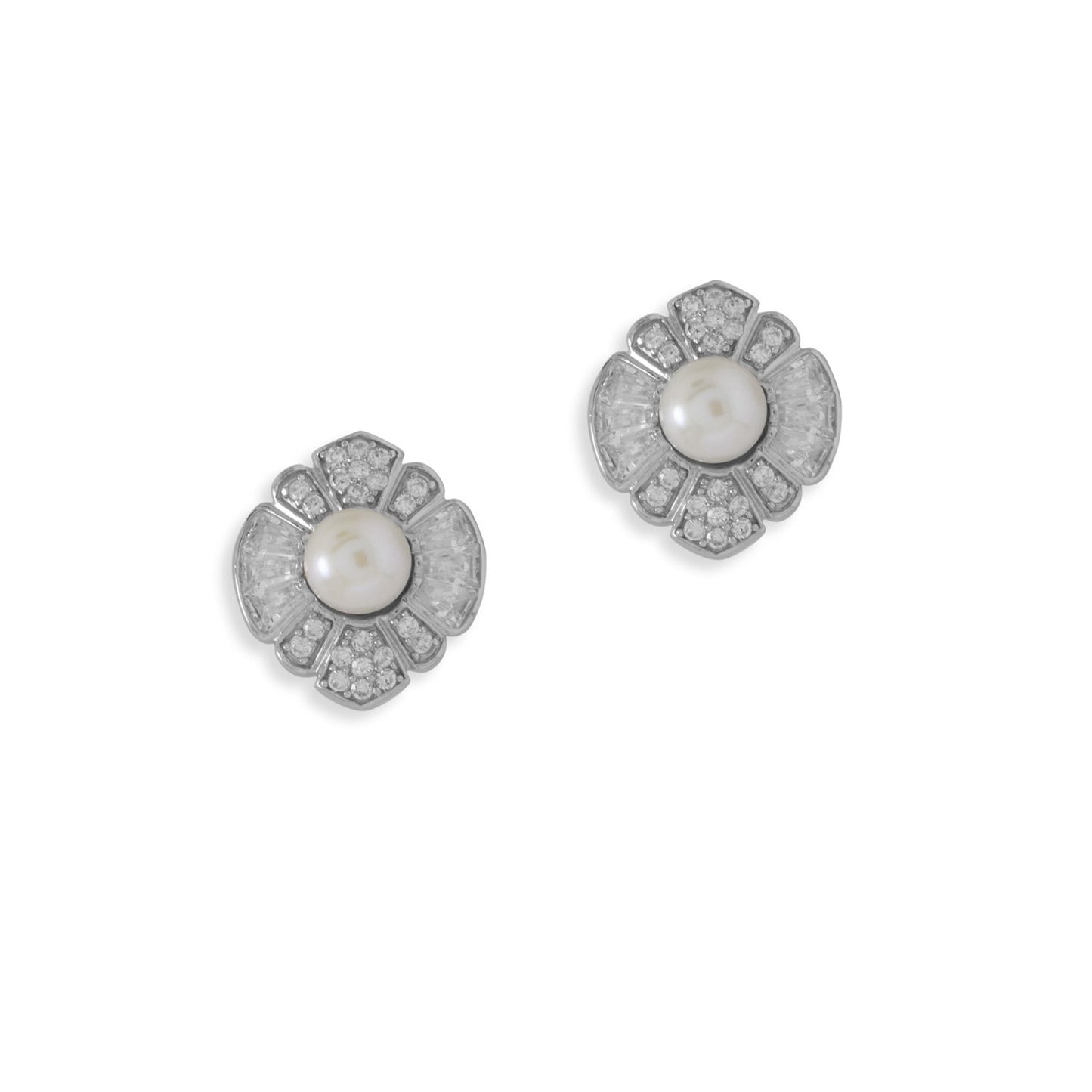 Rhodium Plated Silver Cubic Zirconia and Cultured Freshwater Pearl Flower Earrings