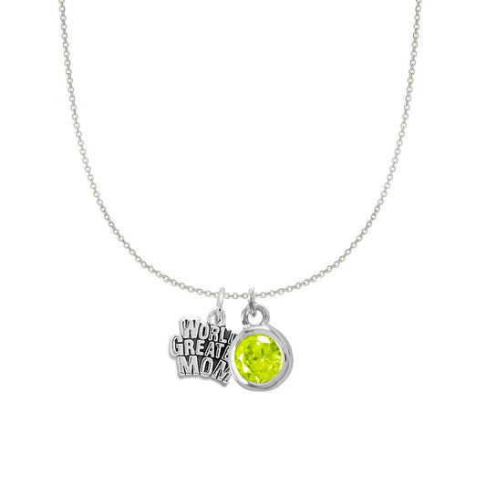 Sterling Silver World's Greatest Mom and August Birsthstone Charm Necklace