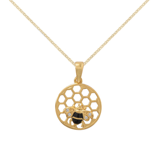 14k Yellow Goldplated Silver Cubic Zirconia Honeycomb and Bee Pendant with 1.5mm Cable Chain