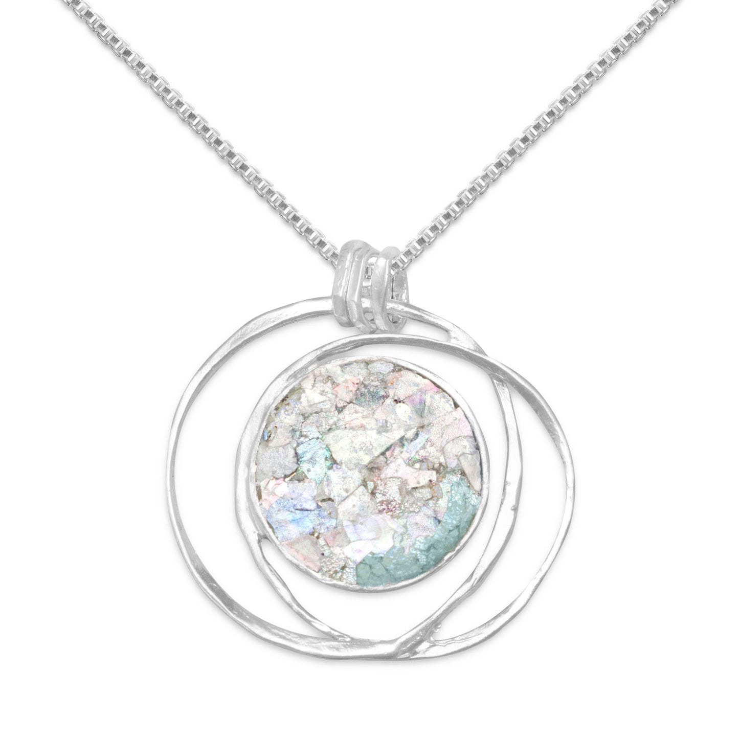Precious Stars Jewelry Sterling Silver Round Ancient Roman Glass Open Wire Pendant with 1.5mm Box Chain