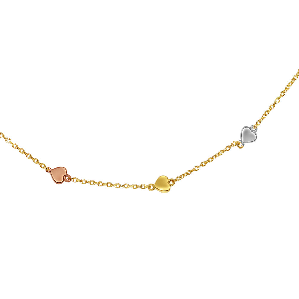 14k Tri-Tone Gold Dainty Heart Chain Bracelet