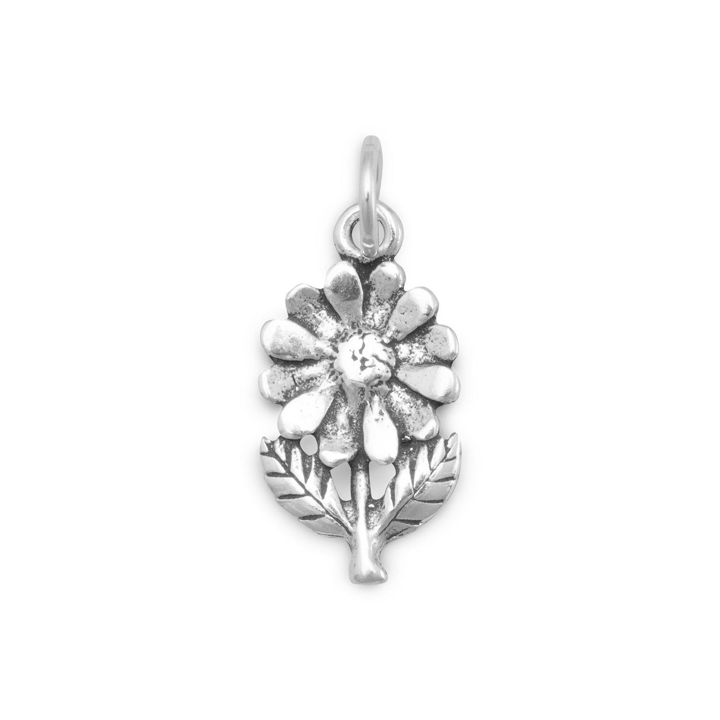 Sterling Silver Flower with Stem/Leaves Bracelet Charm
