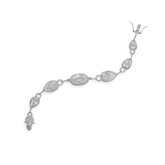 Rhodium Plated Pear and Oval Cubic Zirconia Bracelet- 8"
