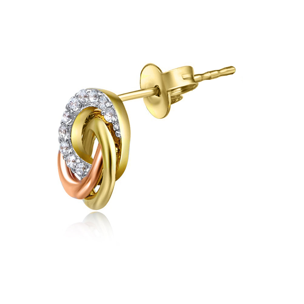 14k Tri-tone Gold Cubic Zirconia 3-Ring Knot Earring Studs