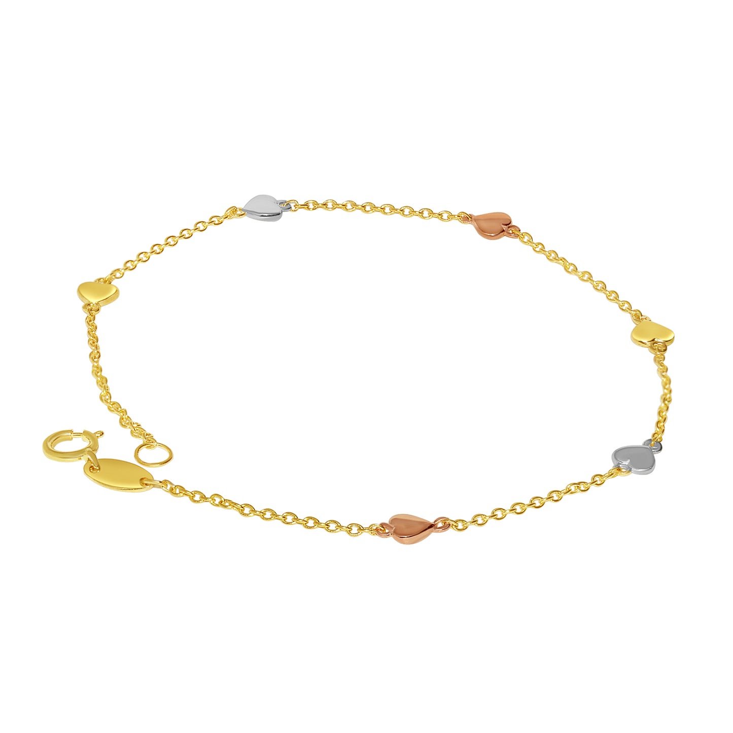 14k Tri-Tone Gold Dainty Heart Chain Bracelet