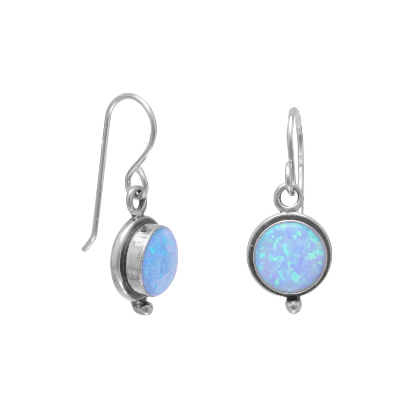 Sterling Silver Synthetic Opal Round Disc French Wire Dangling Earrings