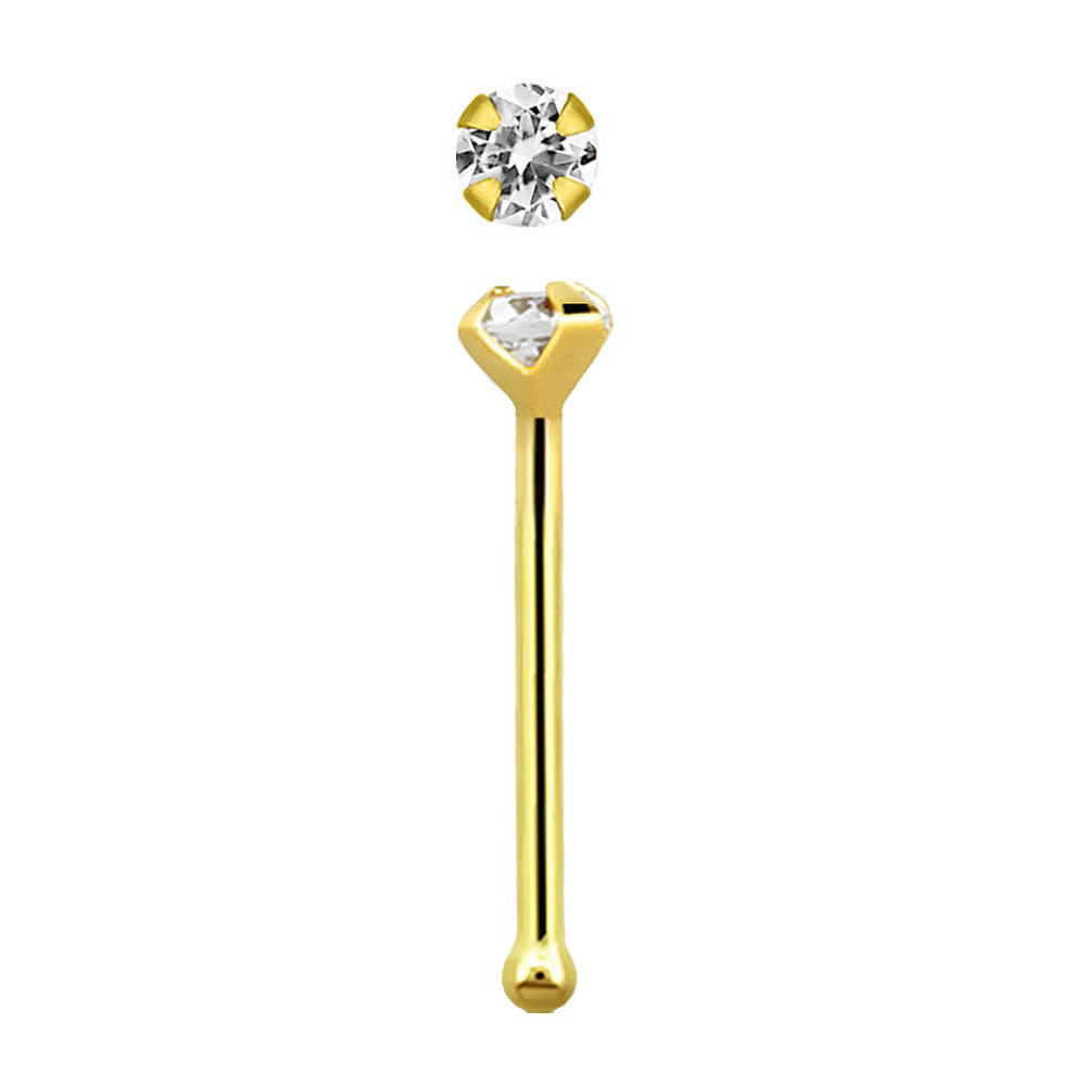 14k Yellow Gold Nose Bone Stud With 1.5 MM Cubic Zirconia - 22g