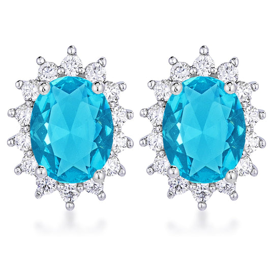 Precious Stars Silvertone Aqua Blue Cubic Zirconia Oval Royal Earring Studs
