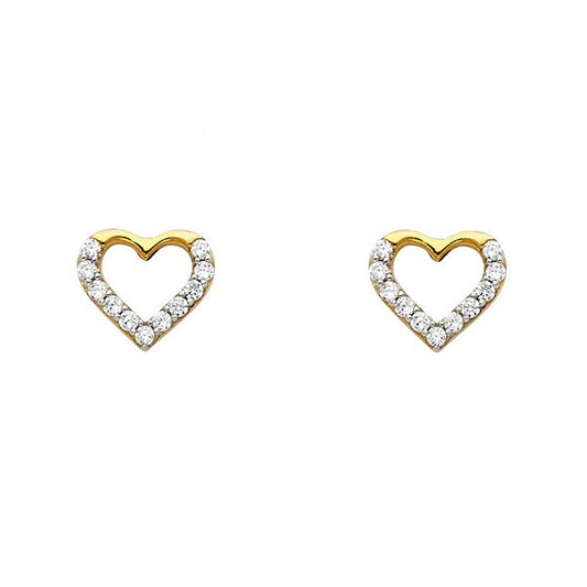 14k Yellow Gold Cubic Zirconia Lined Open Heart Stud Earrings