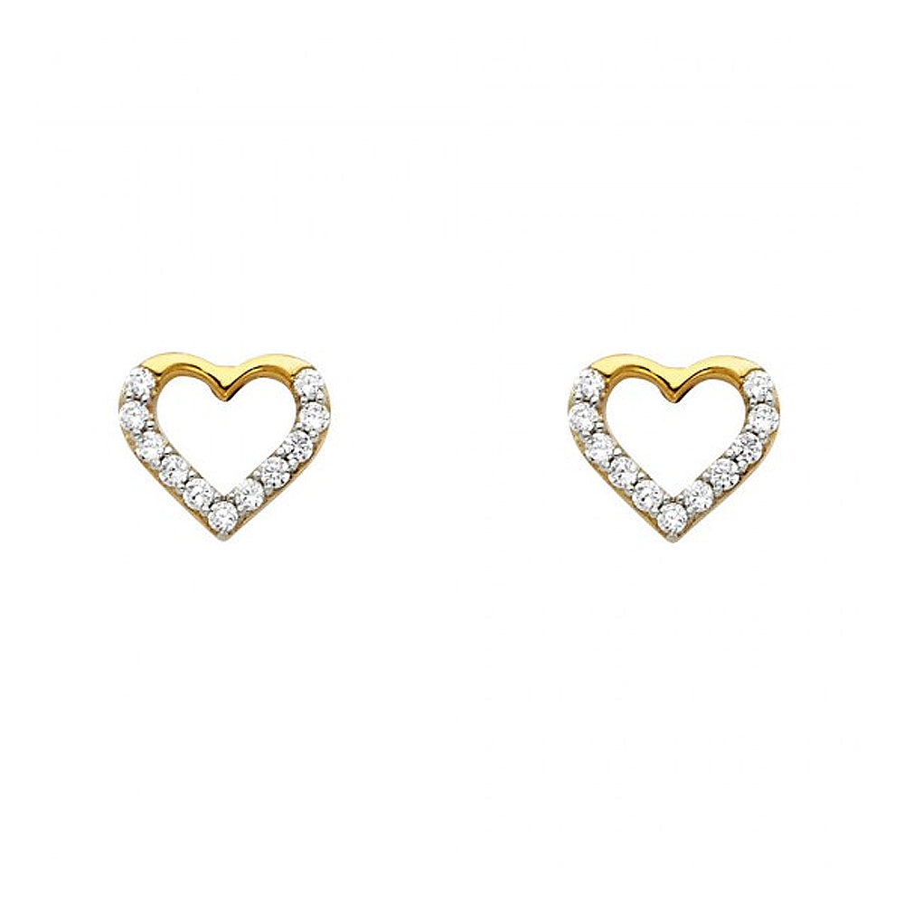 14k Yellow Gold Cubic Zirconia Lined Open Heart Stud Earrings