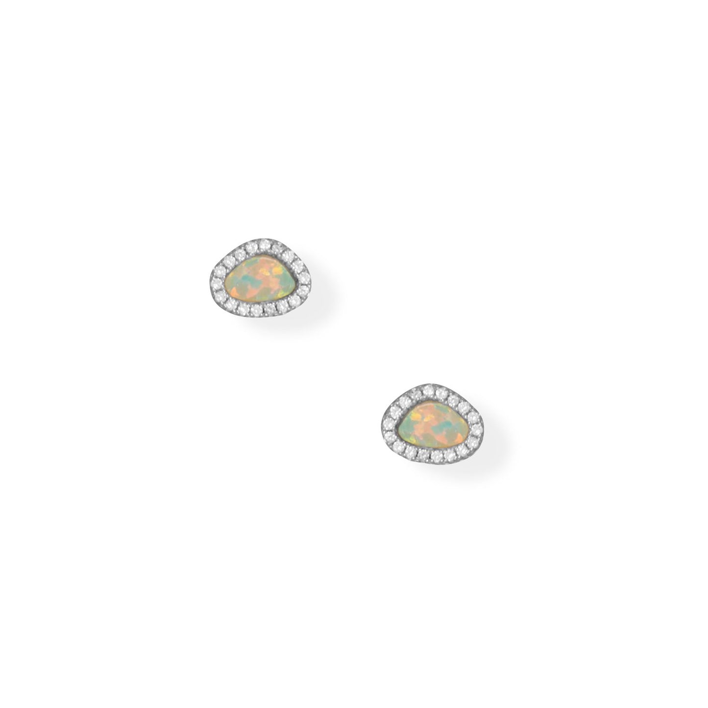 Rhodium Plated Sterling Silver Cubic Zirconia and Synthetic Opal Stud Earrings