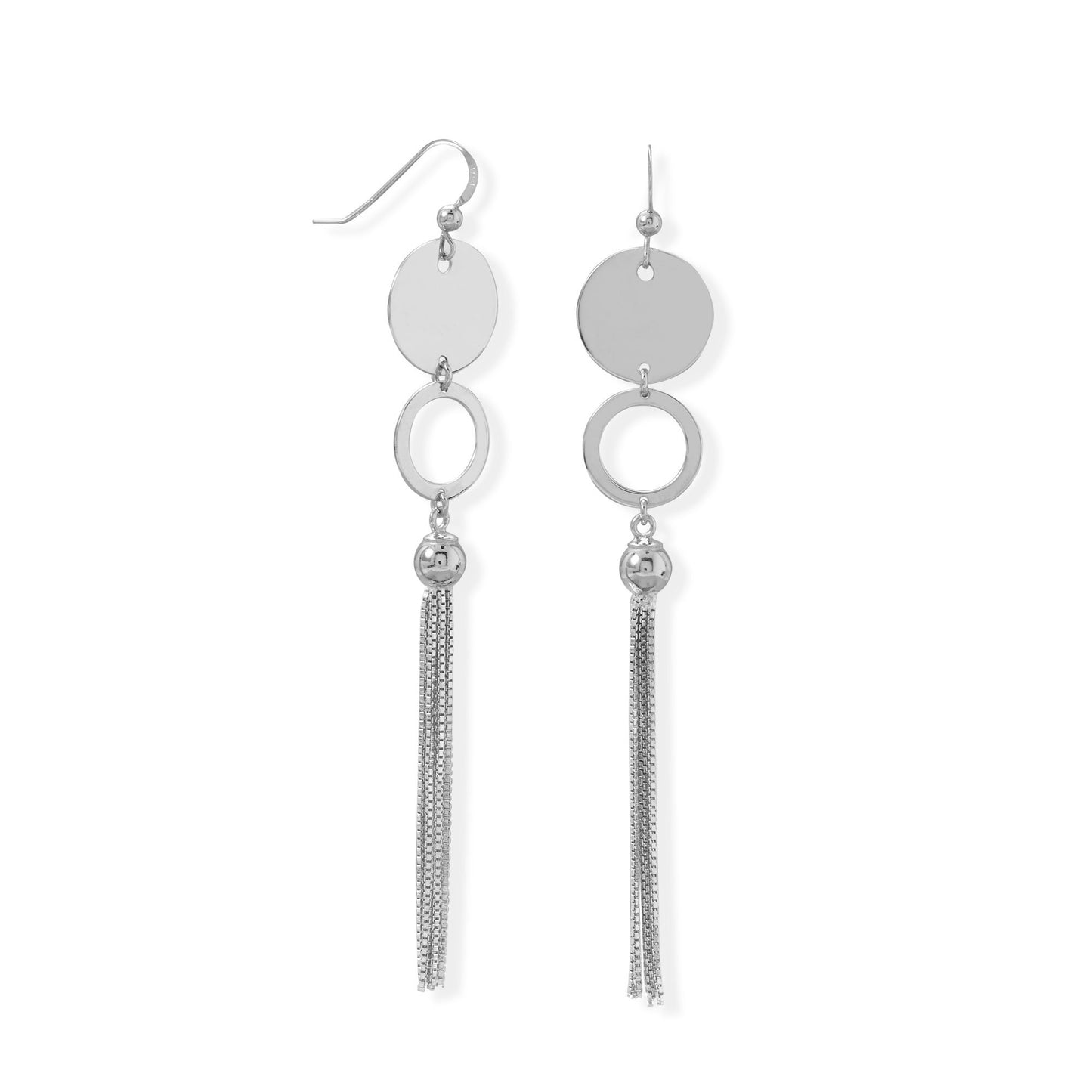 Rhodium Plated Sterling Silver Disk and Circle Long Tassel Earring