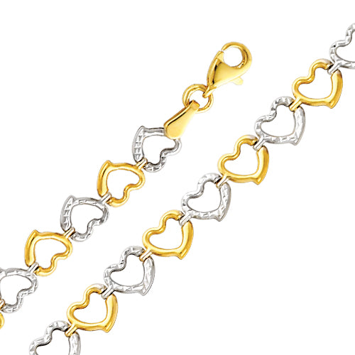 14K Two-tone Gold Lightweight Heart Link 7.5" Bracelet