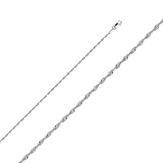 14k White Gold 2mm Light Diamond-cut Solid Rope Unisex Chain Necklace
