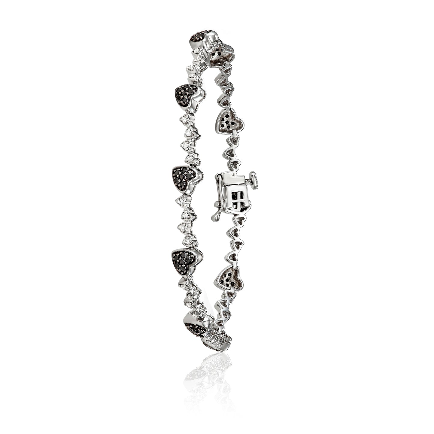 Sterling Silver 1.00ct TDW Black and White Diamond 7 Inch Heart Link Bracelet