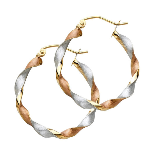 14k Tri-tone Gold Twisted Hoop Earrings (25-mm)