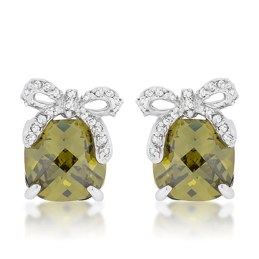 Precious Stars Silvertone Olive Cubic Zirconia Bow Stud Earrings