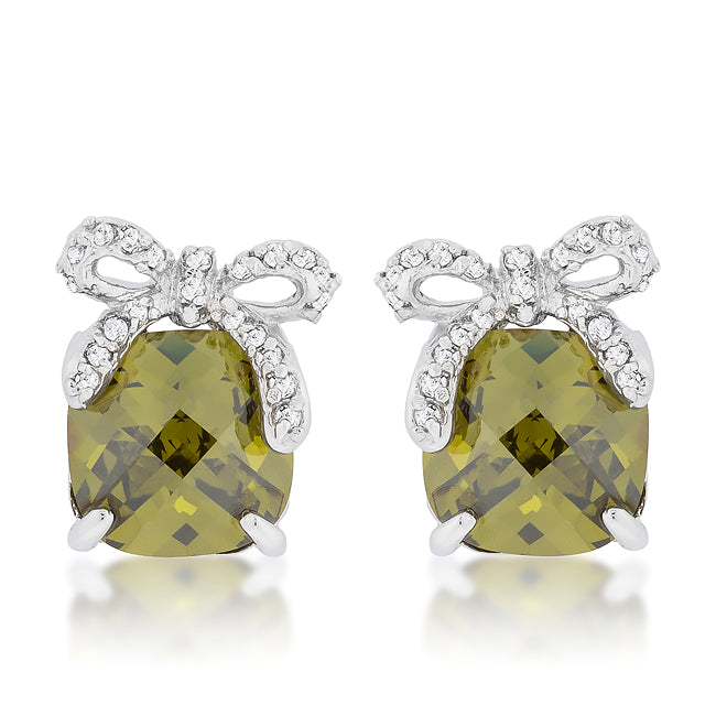 Precious Stars Silvertone Olive Cubic Zirconia Bow Stud Earrings