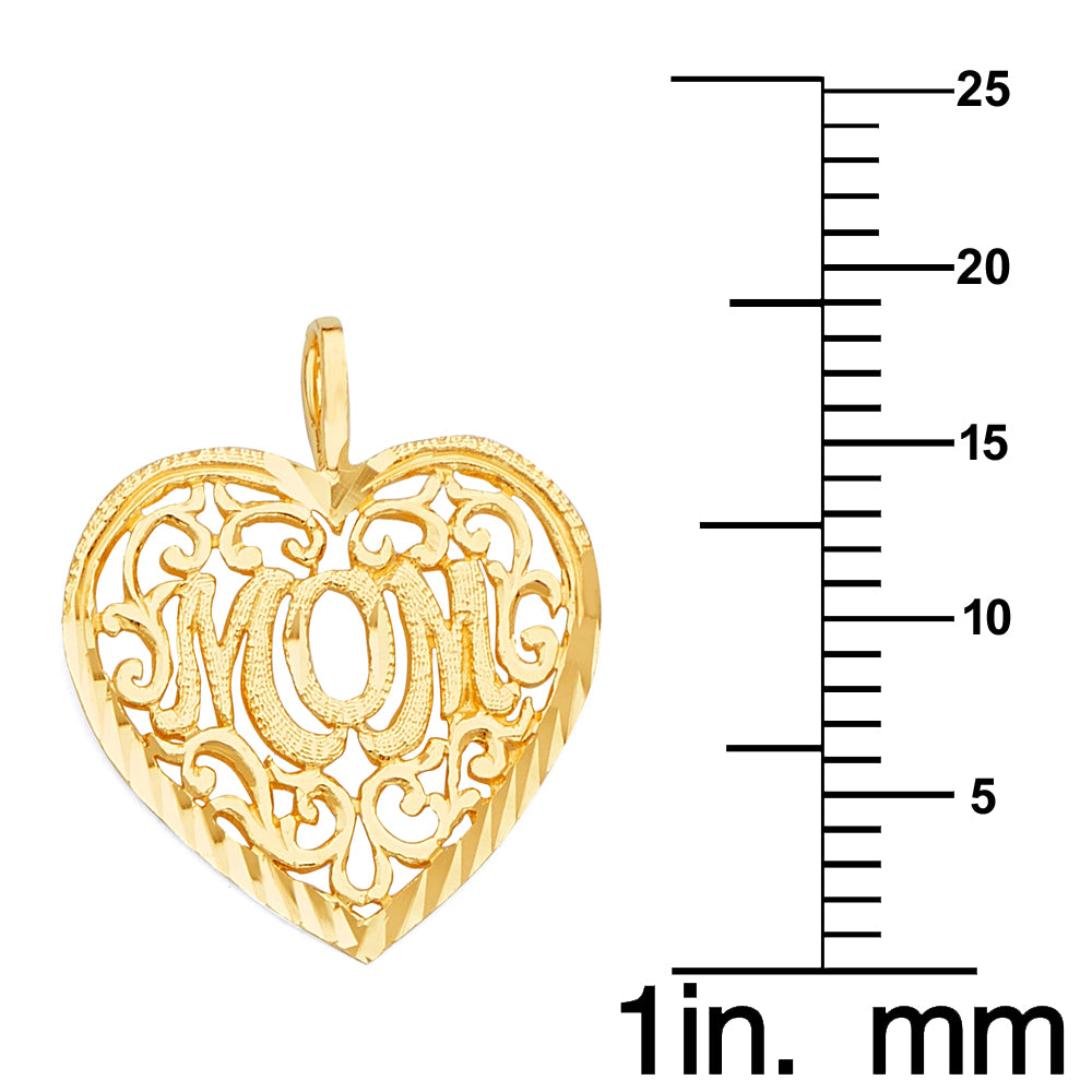 14k Yellow Gold Filigree Heart 'Mom' Mother's Day Pendant with Square Wheat Chain