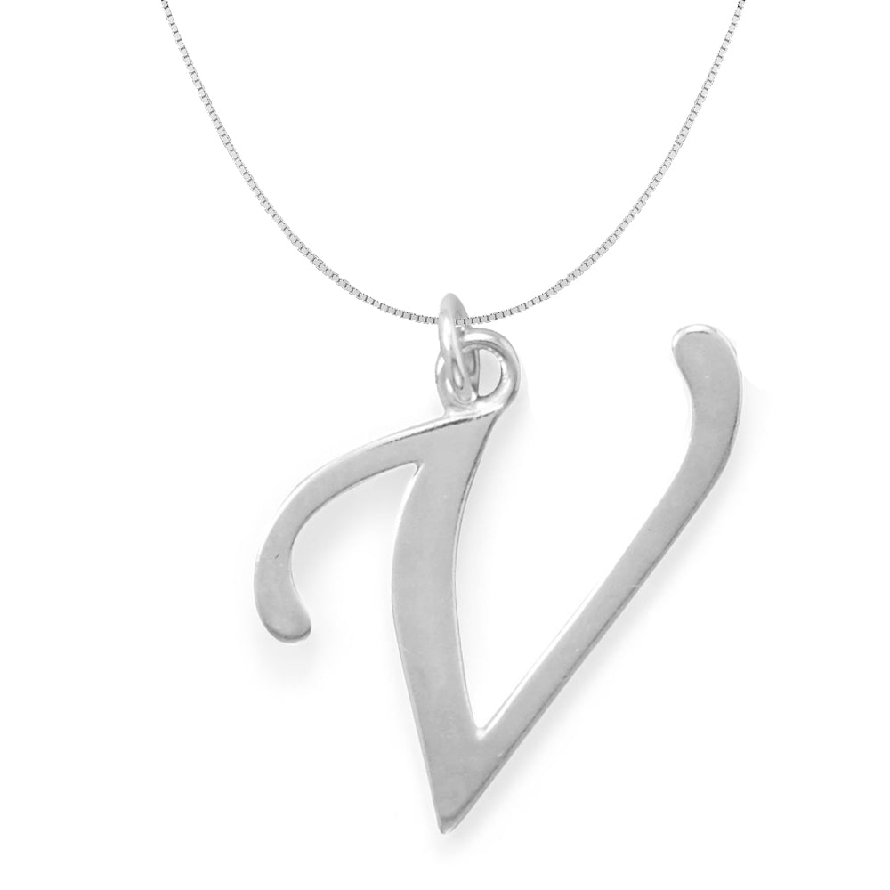 Sterling Silver Initial Letter V Pendant and Thin Box Chain