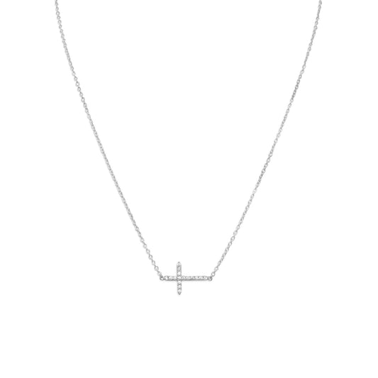 Sterling Silver Cubic Zirconia Sideways Cross Necklace