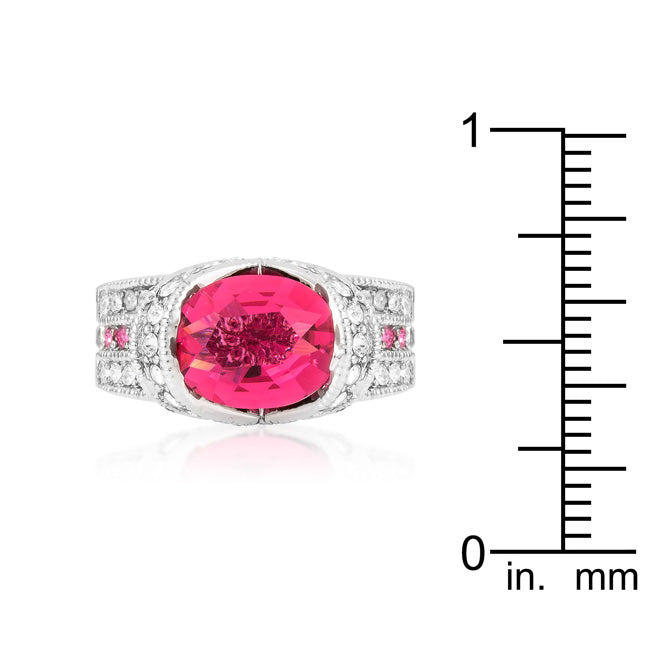 Precious Stars Rhodium Oval-Cut Pink and Clear Cubic Zirconia Fancy Ring