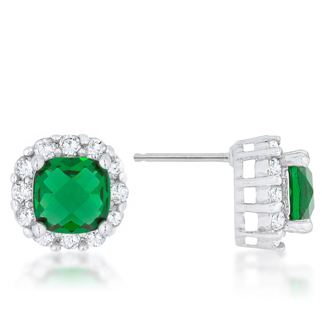 Precious Stars Silvertone Square Green Cubic Zirconia Halo Stud Earrings