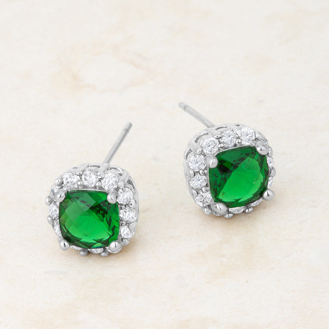 Precious Stars Silvertone Square Green Cubic Zirconia Halo Stud Earrings