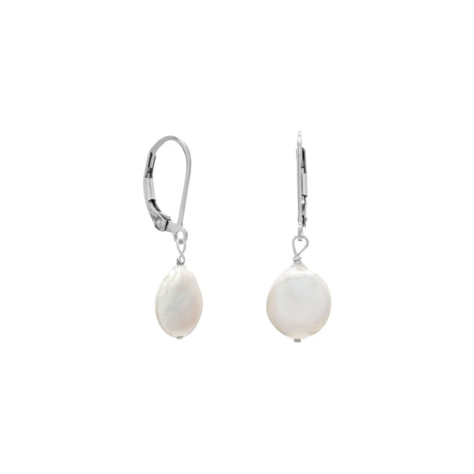 Sterling Silver 10mm Cultured Freshwater Coin Pearl Leverback Earrings
