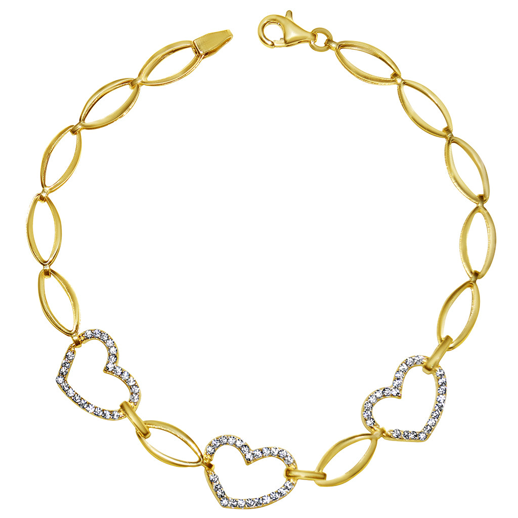14k Yellow Gold Large Link Cubic Zirconia Heart Bracelet