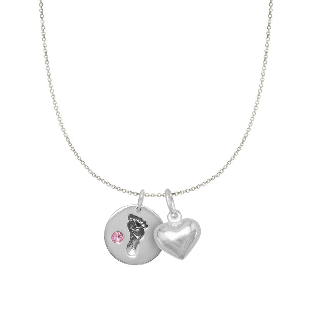 Sterling Silver Pink Crystal Baby Footprint and Heart Charm Necklace (22)