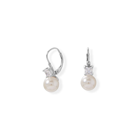 Sterling Silver Simulated Pearl Square Cubic Zirconia Lever Earrings