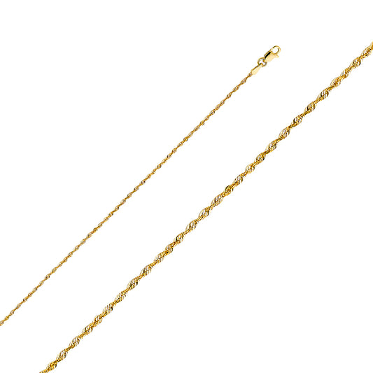 14k Yellow Gold 1.5mm Light Diamond-cut Solid Rope Chain Necklace