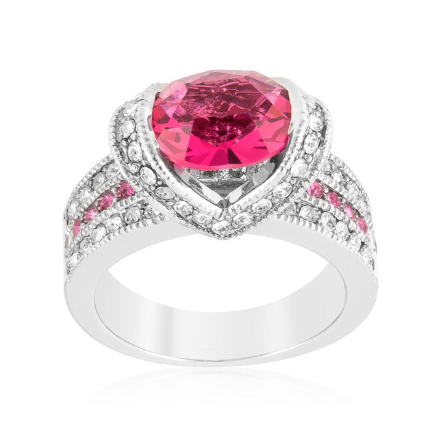 Precious Stars Rhodium Oval-Cut Pink and Clear Cubic Zirconia Fancy Ring