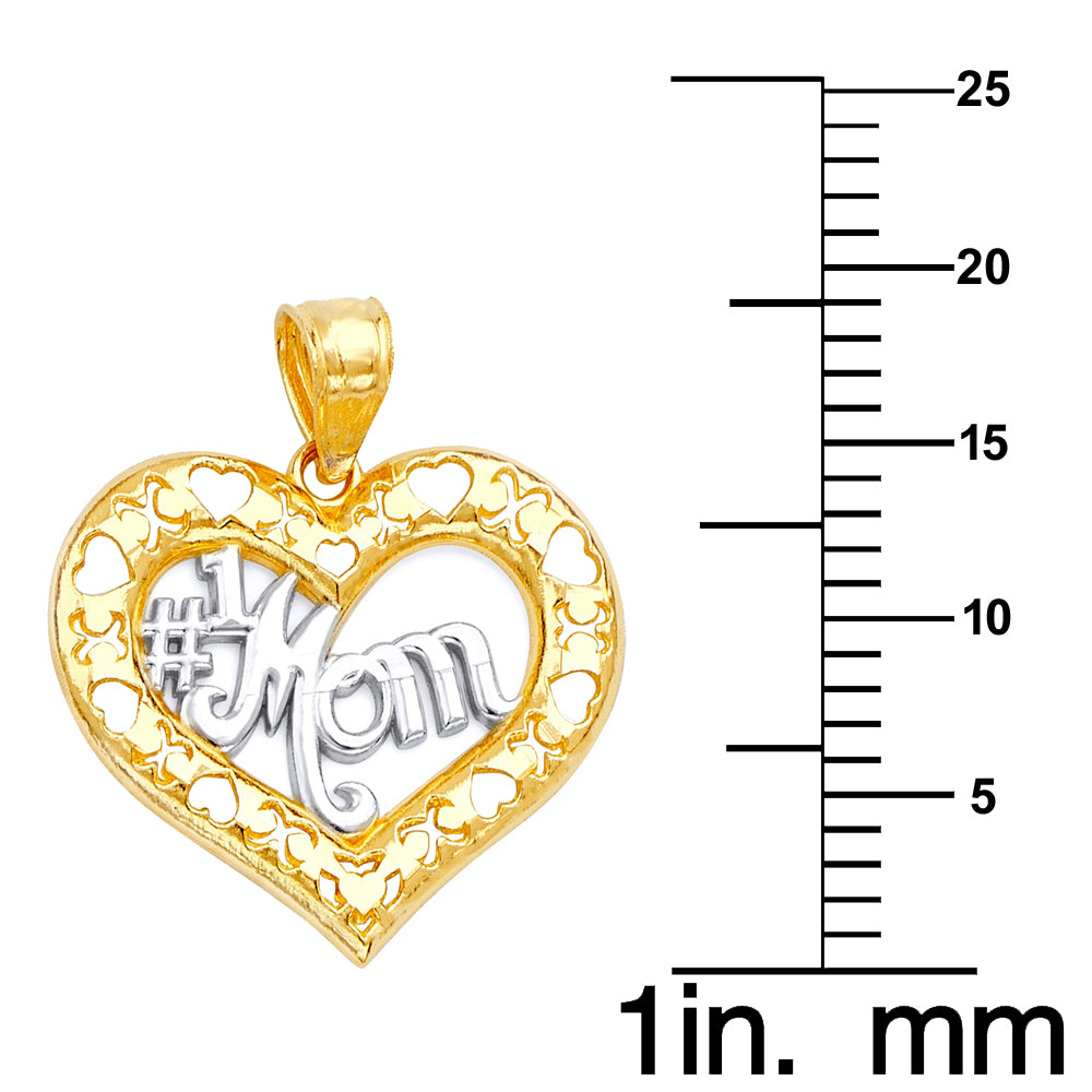 14k Two-tone Gold Open Heart '#1 Mom' Mother's Day Pendant with Square Wheat Chain